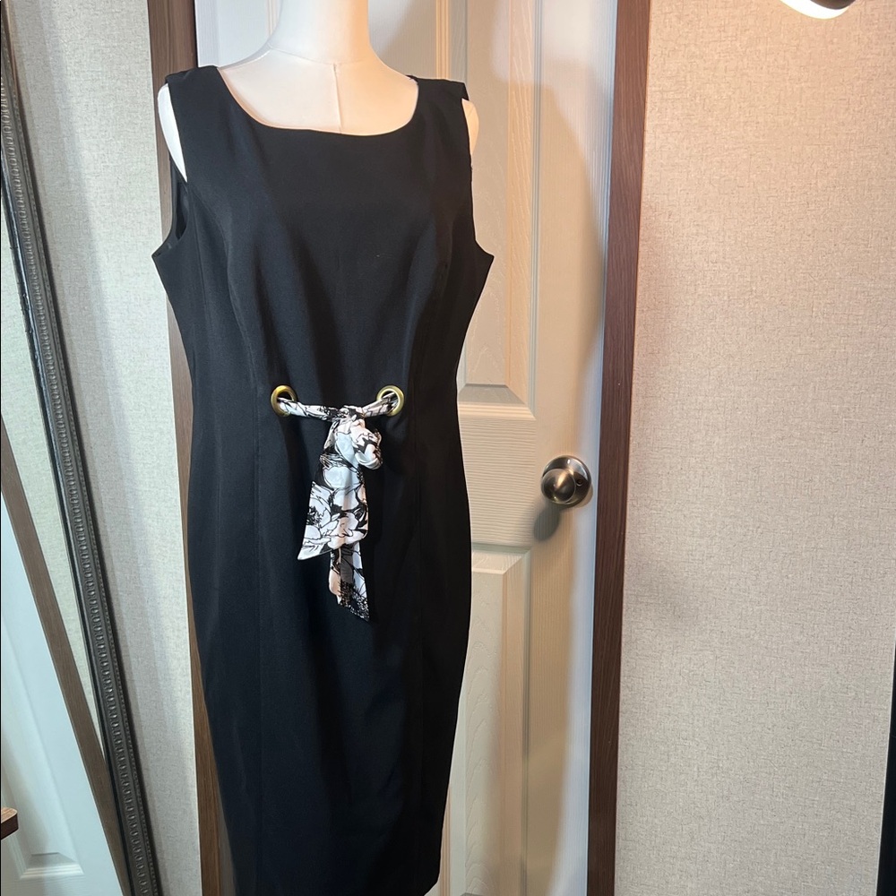 Chic Black Midi Dress with Floral Scarf Detail